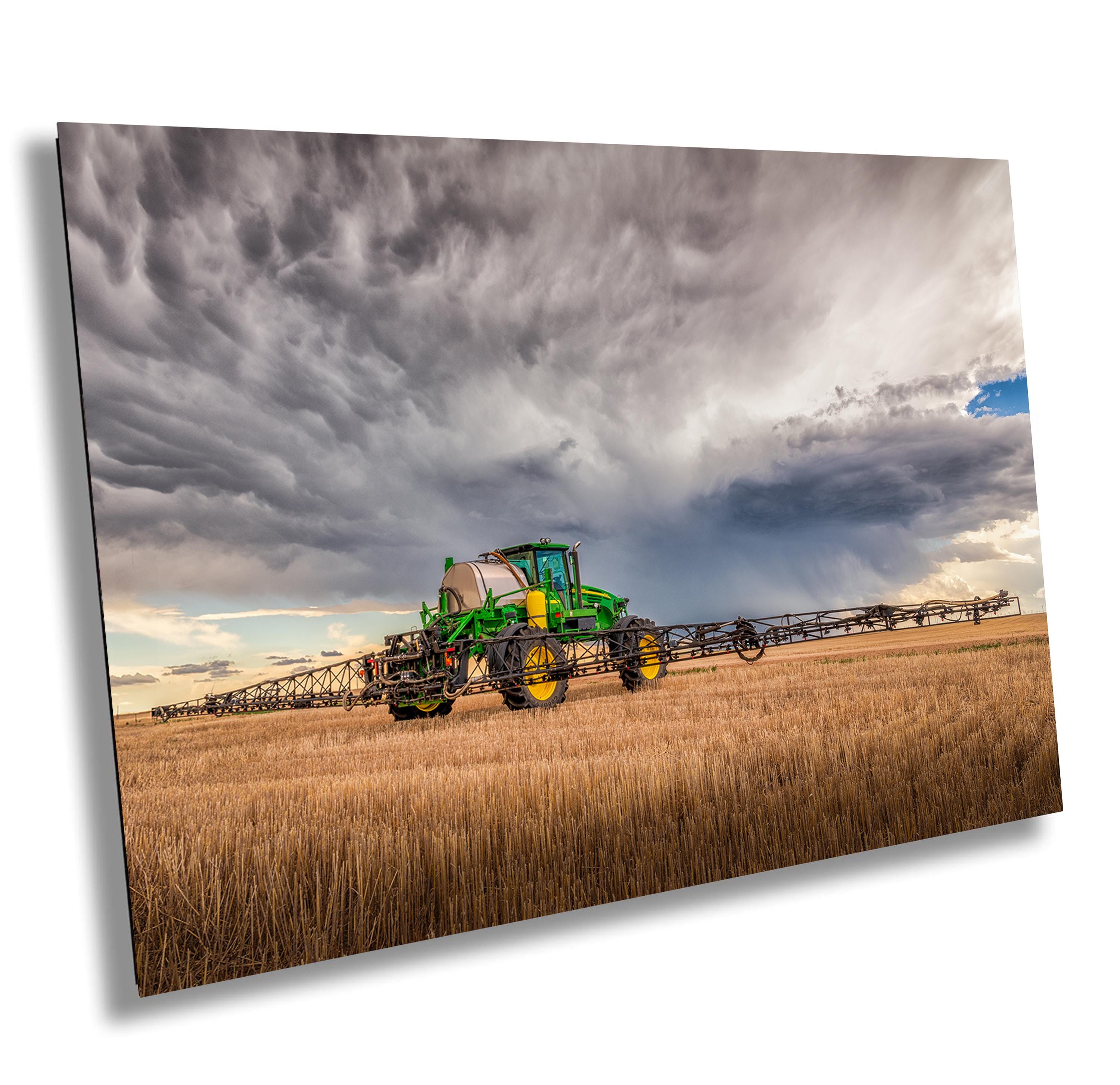 John Deere Tractor Wall Art - Rustic Farm Landscape Photography Print, Stormy Skies & Wind Turbines Decor