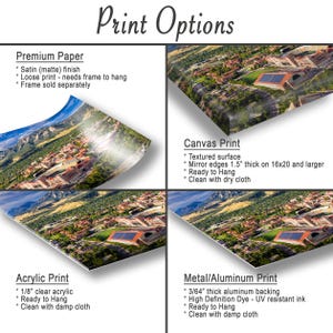 May include: Image showcasing print options: premium paper, canvas, acrylic, and metal/aluminum. Each option displays a landscape image of a building and surrounding area. Text details the features of each print type, including finish, thickness, and hanging instructions.