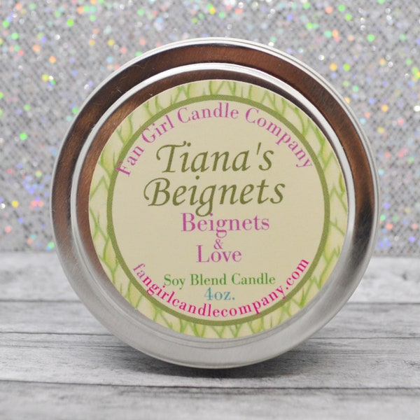 Tiana's Beignets Tin Candle/ 4 oz Tin/ Princess and the Frog Inspired/ Dessert Candle/ Princess Candle/ Unique Wax Melt/ Soy Blend