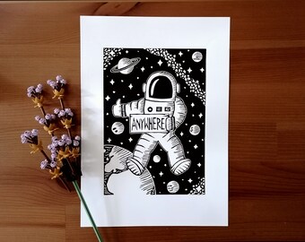 Linoprint “Hitchhiker” | astronaut | A4 format | handmade