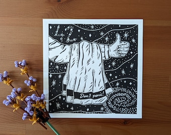 Linocut print "Towel Day" | The Hitchhiker's Guide to the Galaxy | square | 21x21cm | handmade