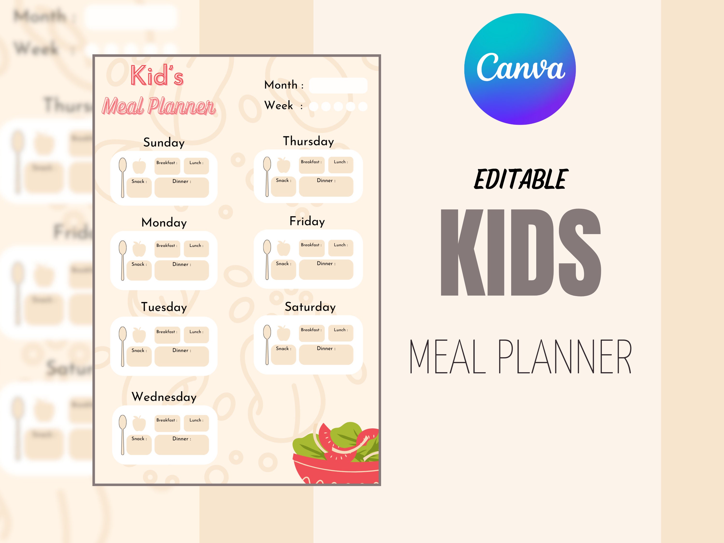 Kid Meal Planner, Canva Meal Plan, Kids Meal Planner, Canva Kids Meal