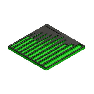 Op de afbeelding: Een rechthoekig, tweekleurig object met een zwarte bovenkant en een groene basis. De bovenkant heeft een reeks parallelle, zwarte balken, die een sleufontwerp vormen. De groene basis is zichtbaar door de sleuven, waardoor het object een moderne, geometrische uitstraling krijgt.