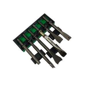 May include: A set of seven metal chisels with different shaped tips, organized in a green and black plastic holder. The chisels are used for various tasks, such as breaking concrete, chipping away stone, and removing nails.