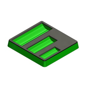 May include: Isometric view of a square, two-tone tray. The base and sides are a bright green, with a dark grey top surface. Three recessed, rectangular compartments are filled with a vibrant green colour.