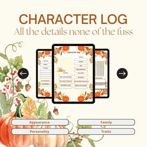 Op de afbeelding: Digitale karakterlogboek sjabloon op een tablet, met secties voor uiterlijk, familie, persoonlijkheid en eigenschappen. Het ontwerp bevat pompoenen en herfstbladeren, met de tekst "CHARACTER LOG" en "All the details none of the fuss".