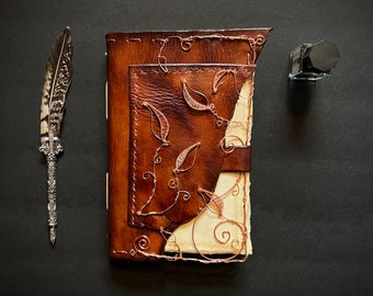 Swirling Leaves Leather and Copper Journal, 8.5x5.75" Sketchbook, Book of Shadows, Notebook