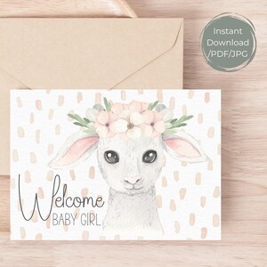 Carte imprimable Bienvenue bébé fille, carte imprimable baby shower agneau pour fille, carte nouveau bébé, carte baby shower animaux de la ferme, 5 x 7, téléchargement immédiat