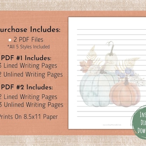 Fall Pumpkin Printable Stationery,Lined and Unlined Stationery,Journal Paper,Printable Notebook Paper,Printable Writing Paper,Seasonal Paper image 2