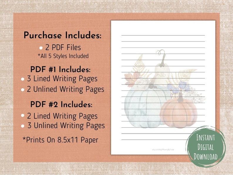 Fall Pumpkin Printable Stationery,Lined and Unlined Stationery,Journal Paper,Printable Notebook Paper,Printable Writing Paper,Seasonal Paper image 2