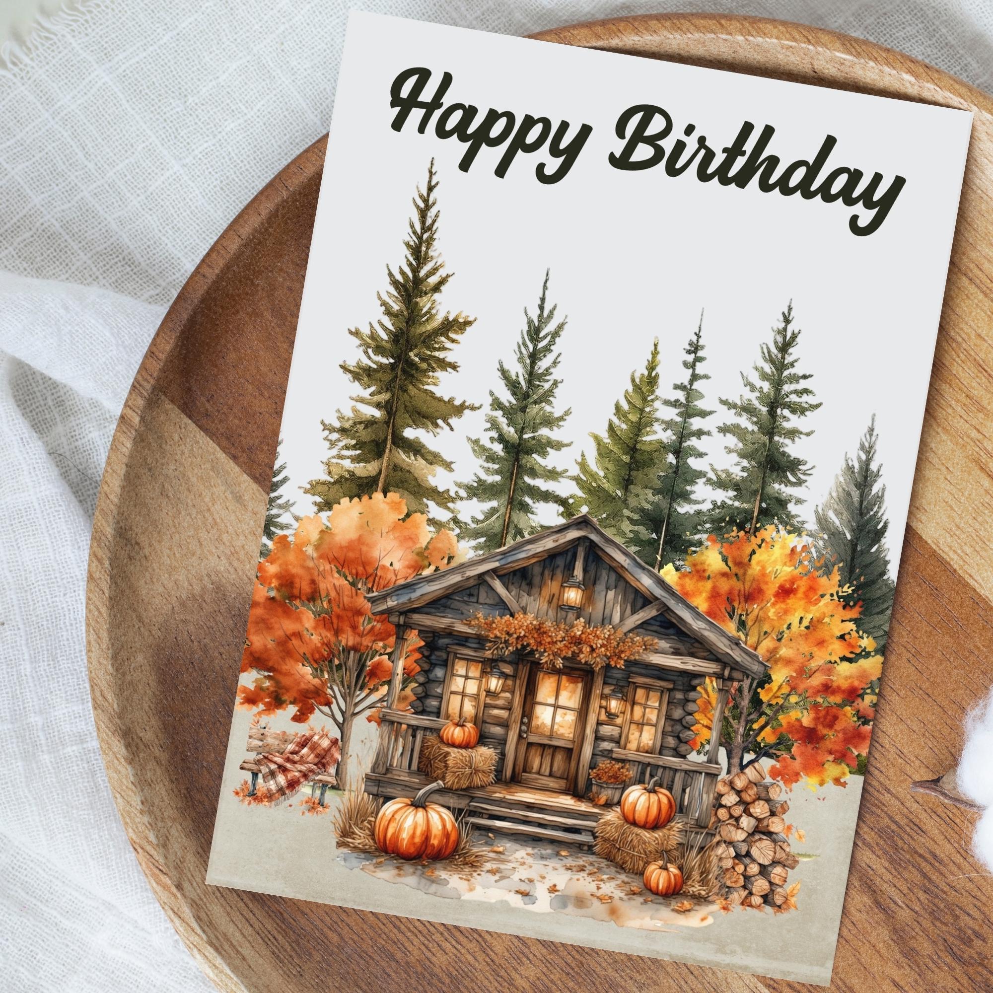 Fall Birthday Card for Men: Rustic Cabin Watercolor (digital Download ...