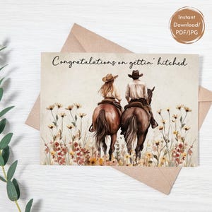 Boho-westerse trouwkaart, Country-trouwkaart, gefeliciteerd met de bruiloft, rustieke cowboy-cowgirl-trouwkaart, digitale download, pdf