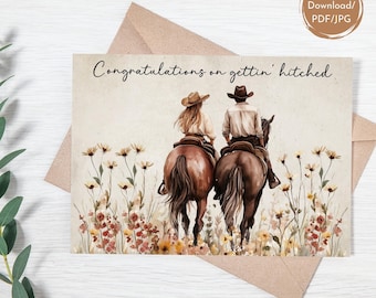 Printable Rustic Wedding Card: Cowboy & Cowgirl Horses, Western Congratulations On Gettin Hitched,Digital Download