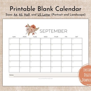 Druckbarer Blanko Monatskalender,Vintage Floral Kalender,befüllbarer Kalender,US Letter,A4,Half Letter,A5,Sonntag Start,digitaler Download,undatiert