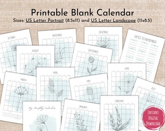 Printable Minimalist Blank Calendar,Monthly Calendar,Green Watercolor Floral Printable Calendar,Instant Download,Boho Blank Calendar,PDF