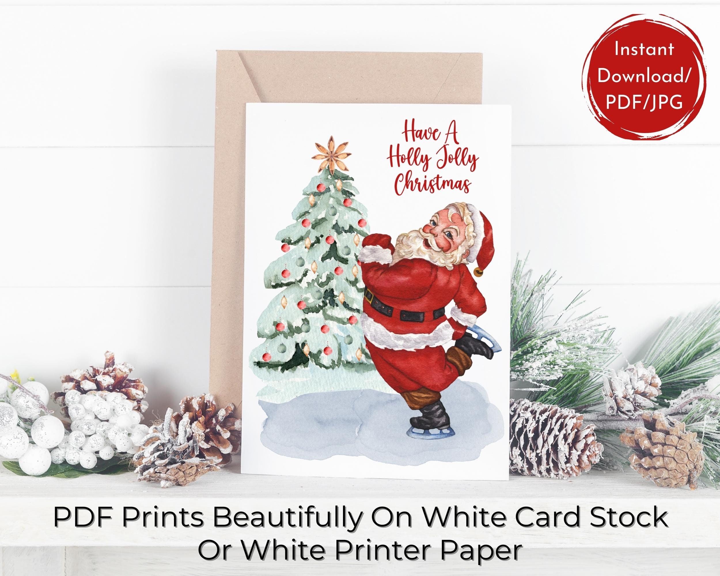 printable watercolor santa christmas card: holly jolly holiday