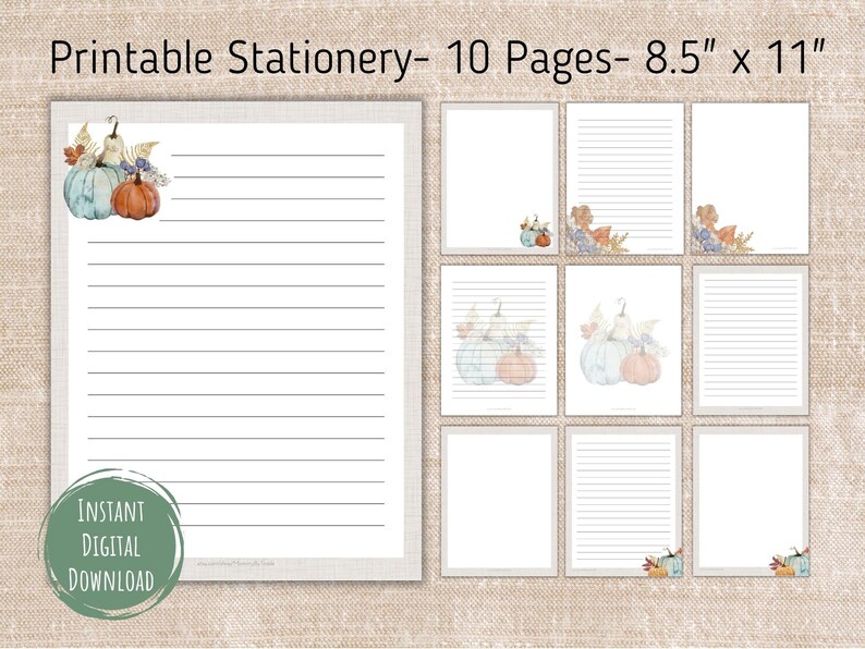 Fall Pumpkin Printable Stationery,Lined and Unlined Stationery,Journal Paper,Printable Notebook Paper,Printable Writing Paper,Seasonal Paper image 1