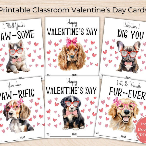 Printable Puppy Valentine Card For Kids,Printable Classroom Valentine's Day Cards,Funny Dog Valentine Cards For School,Instant Download,PDF
