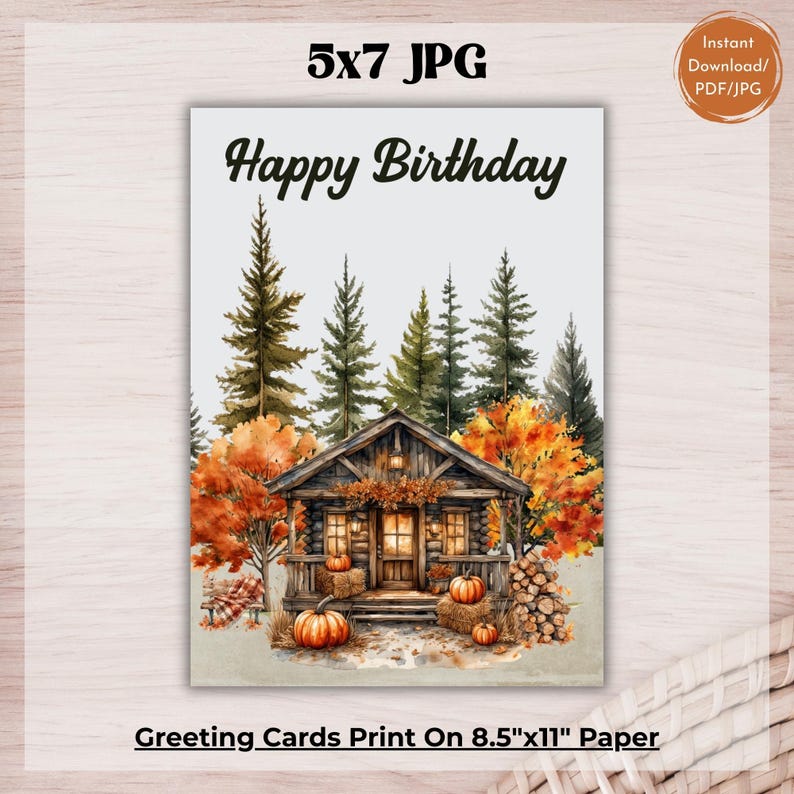 Fall Birthday Card for Men: Rustic Cabin Watercolor (digital Download ...