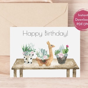 Cartão de feliz aniversário Boho para impressão, Boho Llama, cartão de feliz aniversário suculento, cartão de aniversário para ela, cartão de aniversário minimalista, download instantâneo