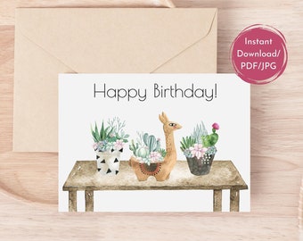 Druckbare Geburtstagskarte Boho Lama Sukkulenten: Aquarell Pflanzen Liebhaber, Digital Download