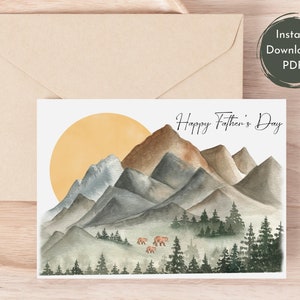 Carte de fête des pères de montagne, carte de forêt imprimable pour papa, carte de fête des pères heureux en plein air, PDF, JPG, téléchargement numérique, carte de fête des pères imprimable