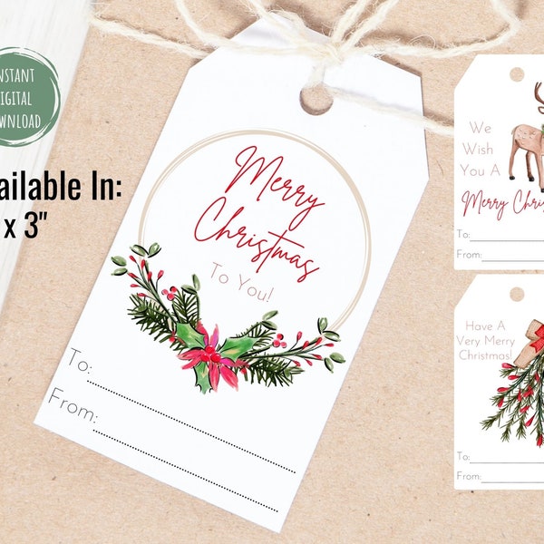 Merry Christmas Gift Tag Printable,Holiday Wreath Tag,Christmas Deer Tag,Printable Christmas Gift Tags,Festive Gift Tags,Christmas Favor Tag