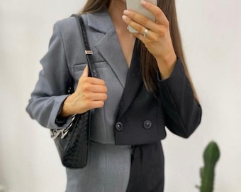 Multicolored business suit, black and grey, 2 pieces (blazer&pants).