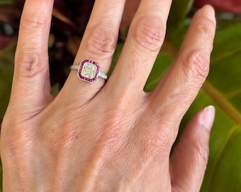 Art Deco Inspired Radiant Cut Diamond Ring: Ruby Halo, Platinum Pavé Band