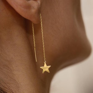 14K Solid Tiny Star Threader Earrings / Long Chain Threader Earrings