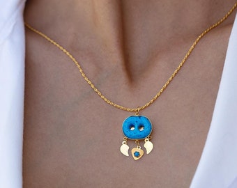 14K Solid Gold Turquoise Assyrian Eye Necklace / Double Eyed Rope Necklace