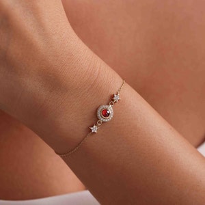 14K massivt guldarmband med dubbel stjärnopal / Födelsestensarmband / Rubinarmband / Armband med färgglada spelstenar / Gåva till henne