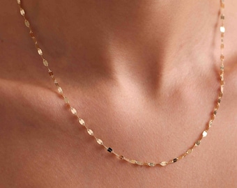 14K Solid Gold Sparkle Chain Necklace / Glitter Chain Necklace / Dainty Mirror Chain Necklace/ Choker Necklace