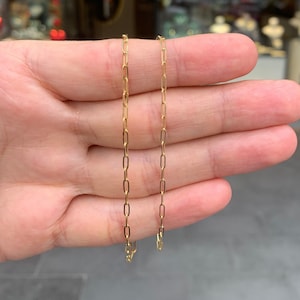 14K Solid Gold Dainty Paperclip Chain Bracelet / Elongated Link Jewelry / Oval Link Bracelet