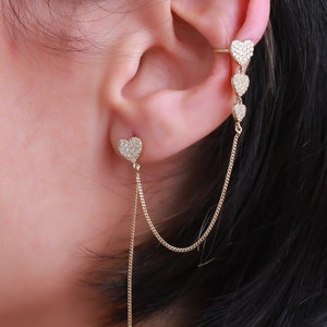 14K Solid Gold Three Hearts Threader Chain Earrings