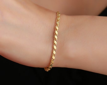 14K Solid Gold Pailletten Kettenarmband / Spiegel Kettenarmband