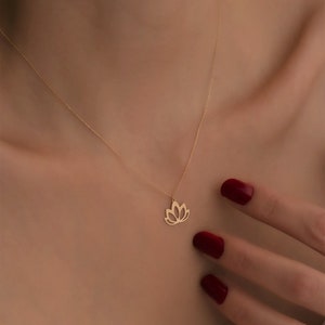14K Solid Gold Tiny Lotus Necklace / Minimalist Designed Lotus Flower Necklace image 4