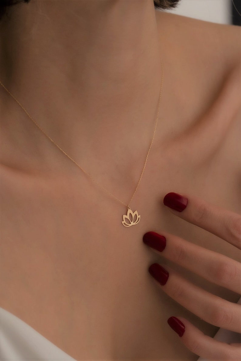 14K Solid Gold Tiny Lotus Necklace / Minimalist Designed Lotus Flower Necklace image 4