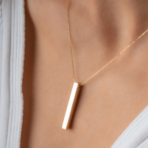 14k Solid Gold 3D Bar Necklace / Vertical Bar Necklaces / Gold Bar Pendant