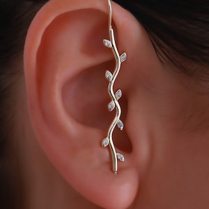 14K Solid Gold  Leaf Cane Earring