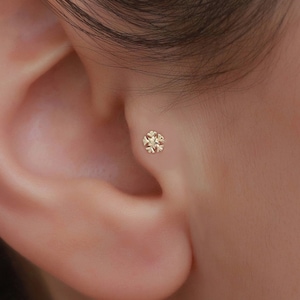 Piercing al trago fiocco di neve in oro massiccio 14K / Piercing minimalista a elica piatta / Perno labret 16g / Orecchini per cartilagine di Bayar Gold