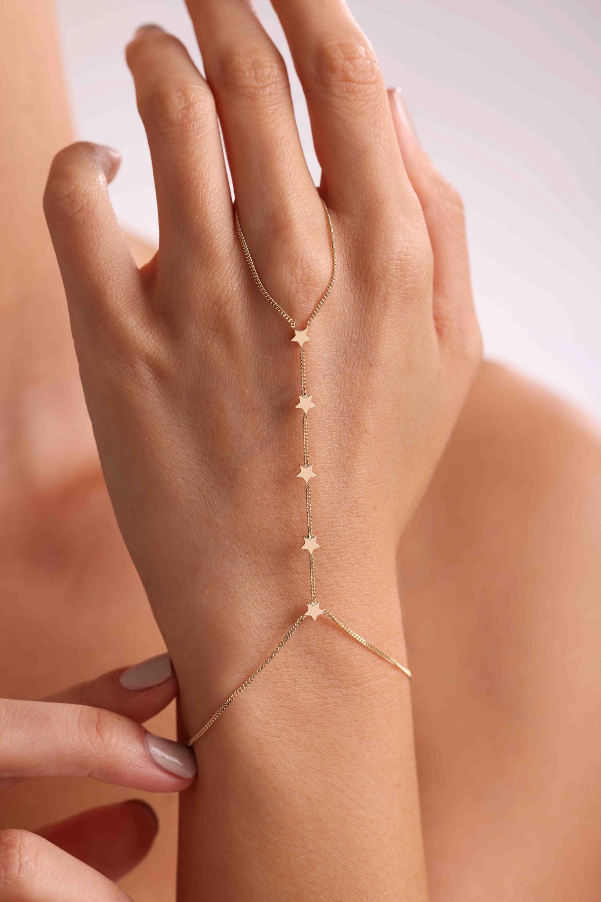 Star Hand Chain 14K Solid Gold Star Hand Chain Bracelet / Stars Finger Bracelet ...