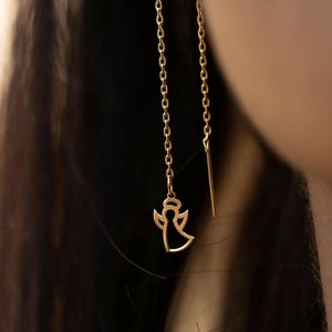 Boucles d'oreilles à enfiler ange en or massif 14 carats/boucles d'oreilles à enfiler longue chaîne