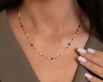 14K Solid Gold Mirrored Black & White Beaded Necklace