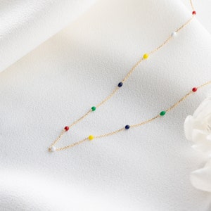 14K Solid Gold Multicolored Rainbow Necklace / Colourful Beaded Necklace / Dainty Chain Necklace / Minimalist Beaded Necklace / Gift for Her image 5