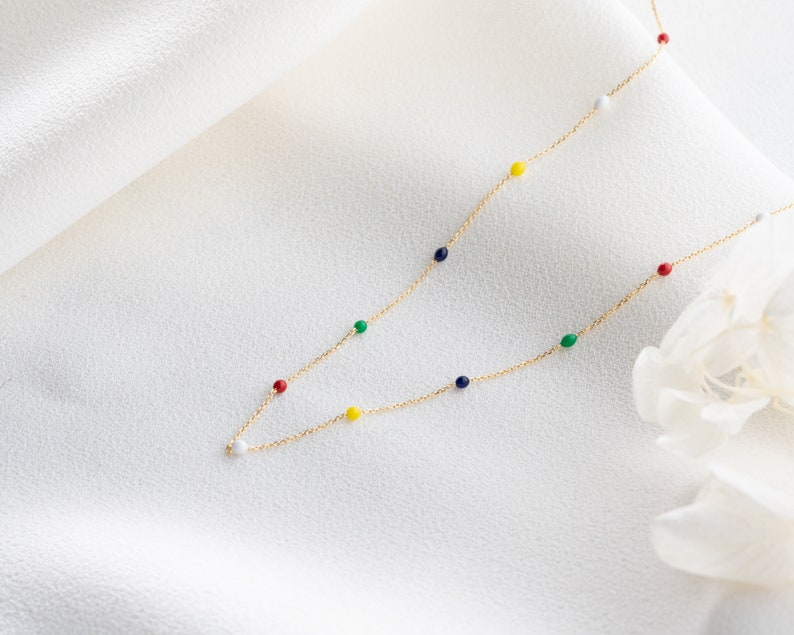 14K Solid Gold Multicolored Rainbow Necklace / Colourful Beaded Necklace / Dainty Chain Necklace / Minimalist Beaded Necklace / Gift for Her image 5