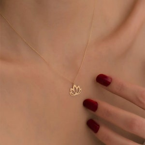 14K Solid Gold Tiny Lotus Necklace / Minimalist Designed Lotus Flower Necklace image 1