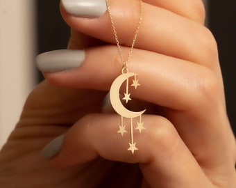 14K Solid Gold Mond und Stern Anhänger Halskette / Halbmond Anhänger / Schmuck für Frauen / Mystisches Geschenk für Sie / Minimalistische Halskette