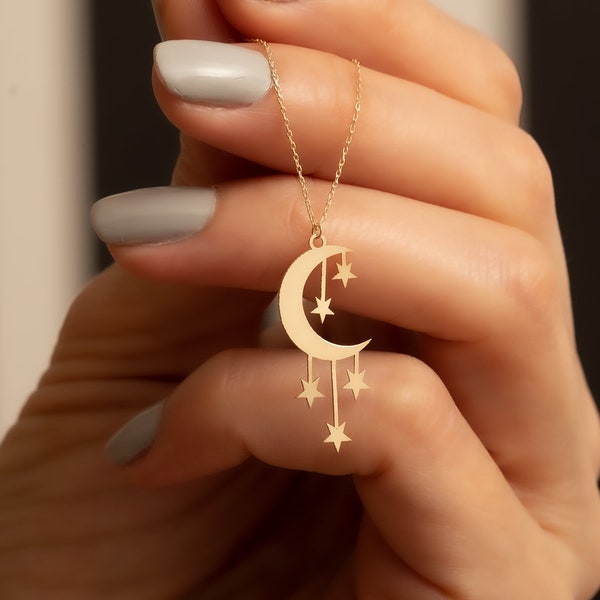 14K Solid Gold Mond und Stern Anhänger Halskette / Halbmond Anhänger / Schmuck für Frauen / Mystisches Geschenk für Sie / Minimalistische Halskette