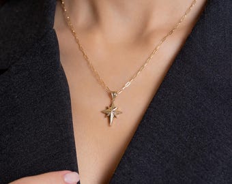 14K Solid Gold North Star Paperclip Chain Necklace/Minimalist Choker/ Paperclip Width 2mm